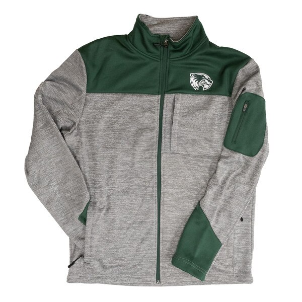 Grey heathered full zip jacket with green shoulders and a green a white embroidered mascot logo on the left chest with zipper pockets and a zipper pocket on the chest and a zipper pocket on the left